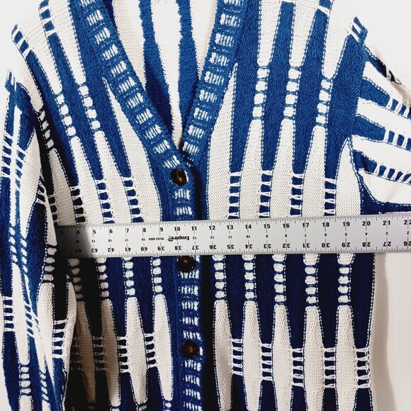 Lafayette 148 New York Cotton & Silk Cardigan, Blue & White Geometric, Size MED - Picture 10 of 14